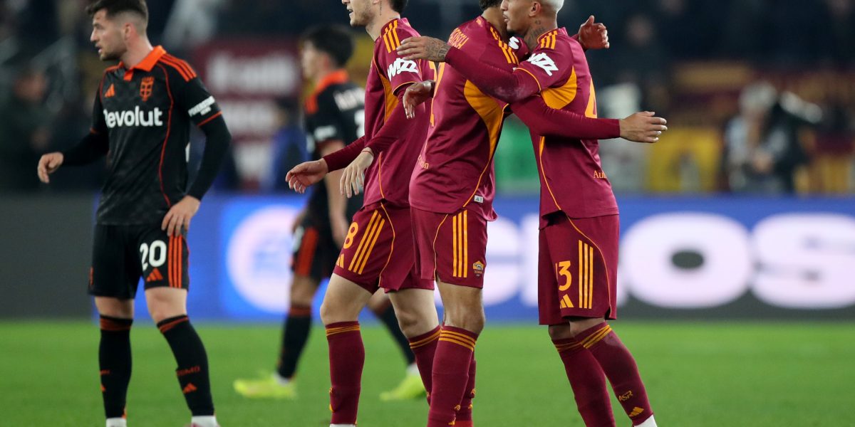 ROME, ITALY - DECEMBER 15: Wesley of AS Roma (R) celebrates with teammate Devyne Rensch after scoring his team