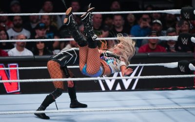 Liv Morgan is thrown by Becky Lynch during WWE Monday Night RAW at Toyota Center in Houston, Texas.