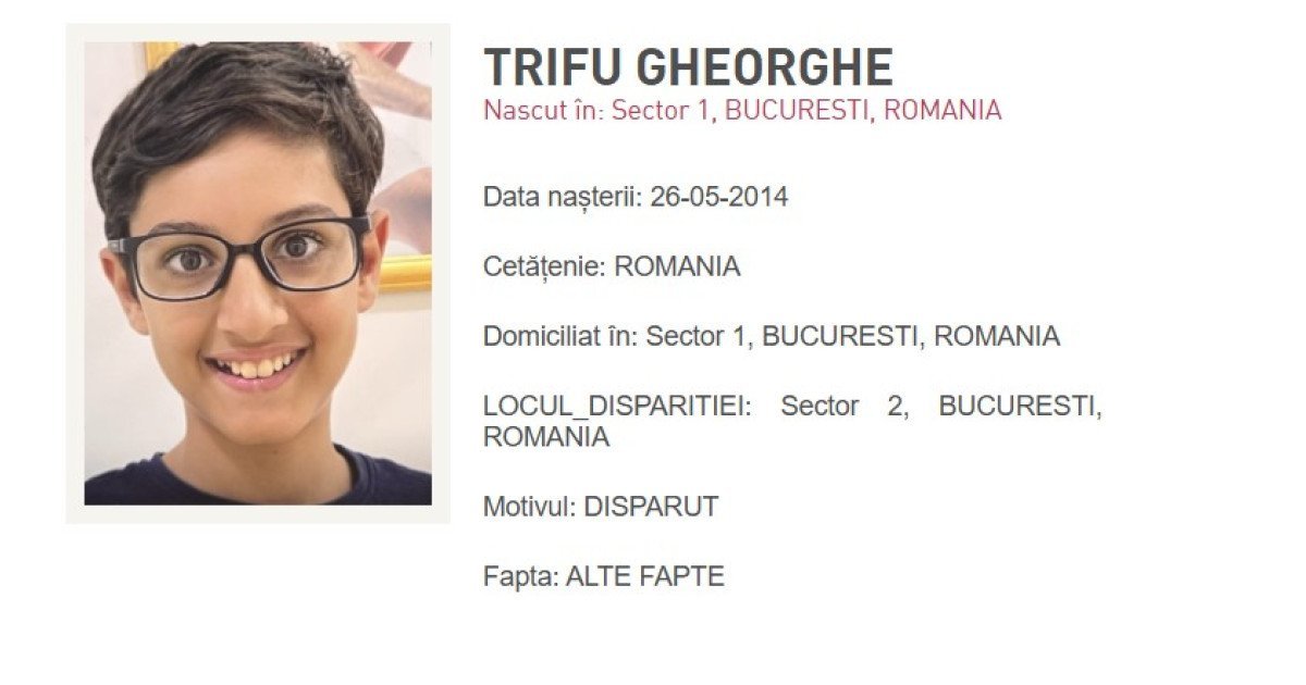 Un copil de 11 ani dispărut în București a fost găsit în siguranță Poliția Capitalei a transmis, sâmbătă seara, un mesaj de alertă RO-Alert, solicitând ajutorul cetățenilor pentru găsirea unui copil de 11 ani dispărut în Sectorul 2 din București