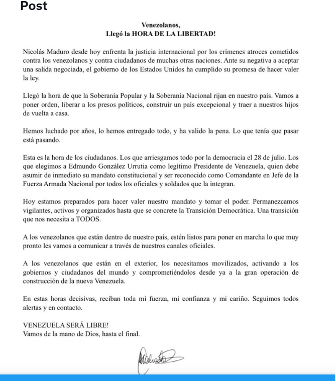 Lidera opoziției din Venezuela, María Corina Machado, a emis un mesaj dur după ce președintele Nicolás Maduro și soția sa au fost capturati de către trupe ale Statelor Unite, într-un eveniment care a zguduit scena politică a întregii Americi de Sud