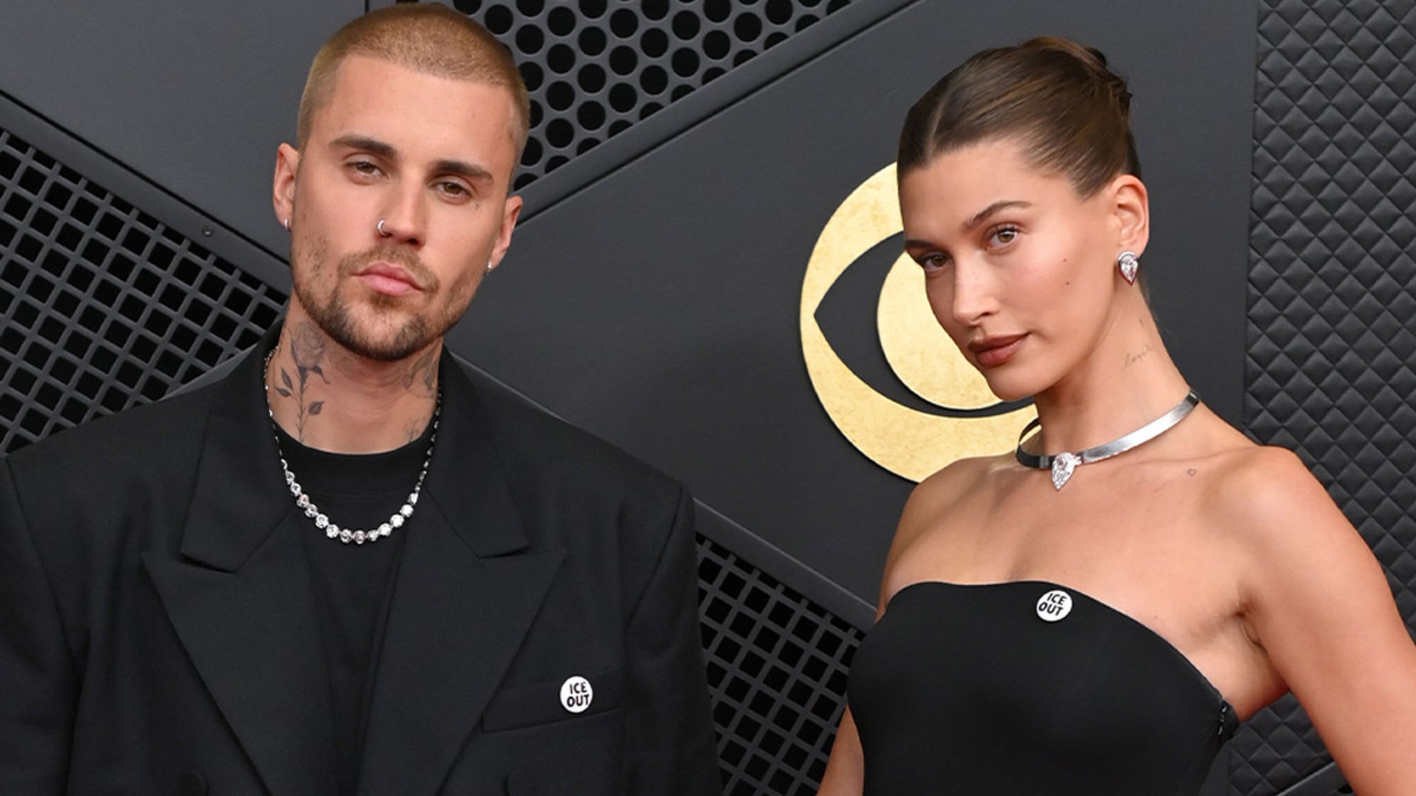 Justin and Hailey Bieber Wear 'ICE Out' Pins to Grammys