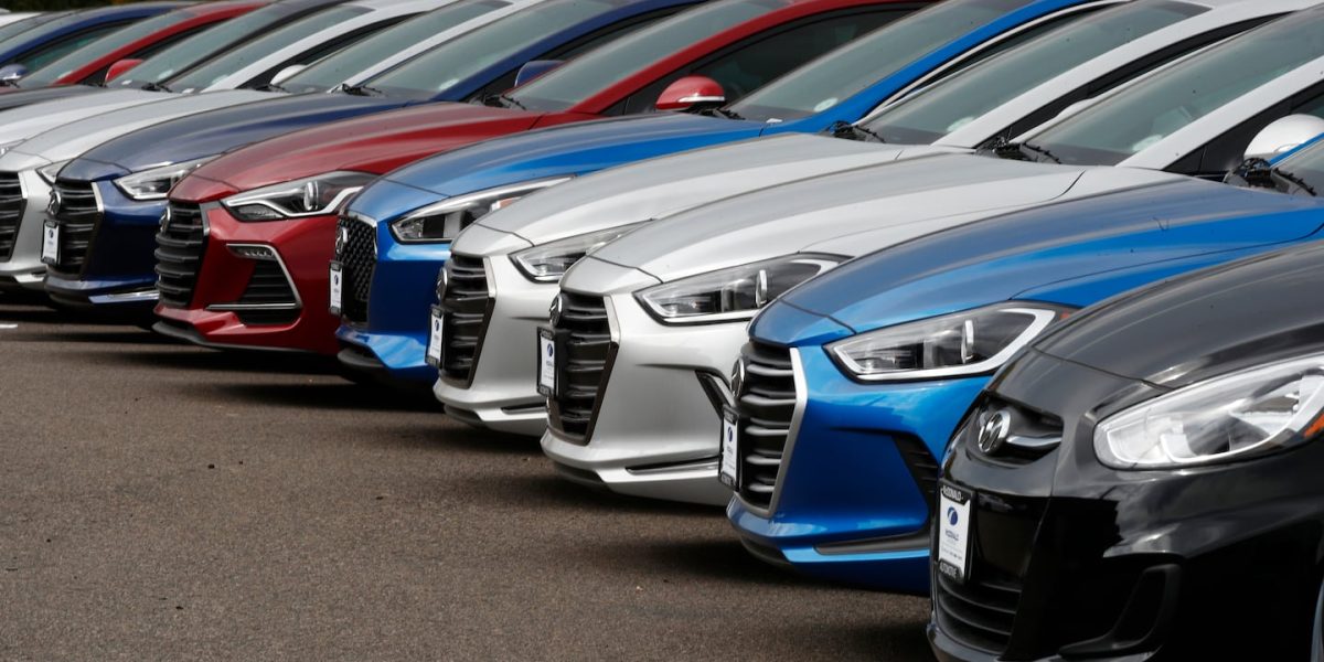 Accents, Elantras, and Sonatas sit at a Hyundai dealership in the south Denver suburb of Littleton, Colo.