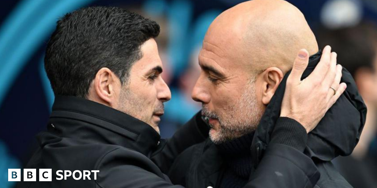 Arsenal manager Mikel Arteta embracing Manchester City boss Pep Guardiola