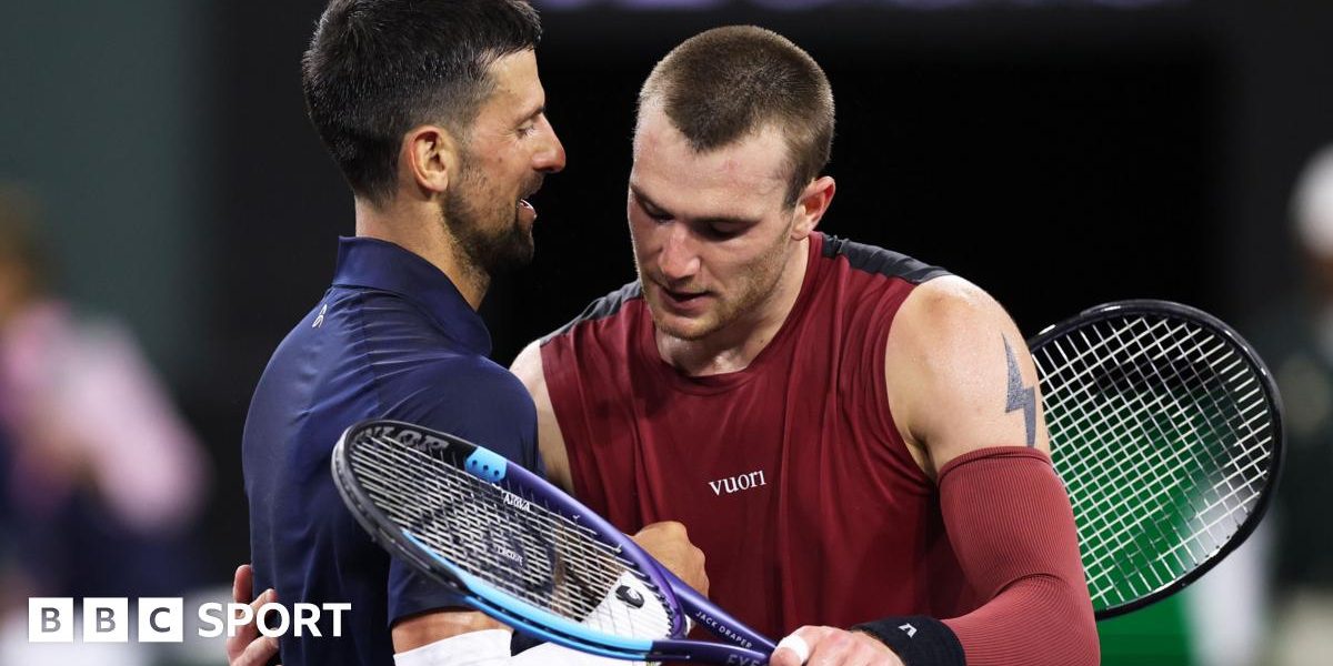 Novak Djokovic and Jack Draper hug at the net after their match at Indian Wells