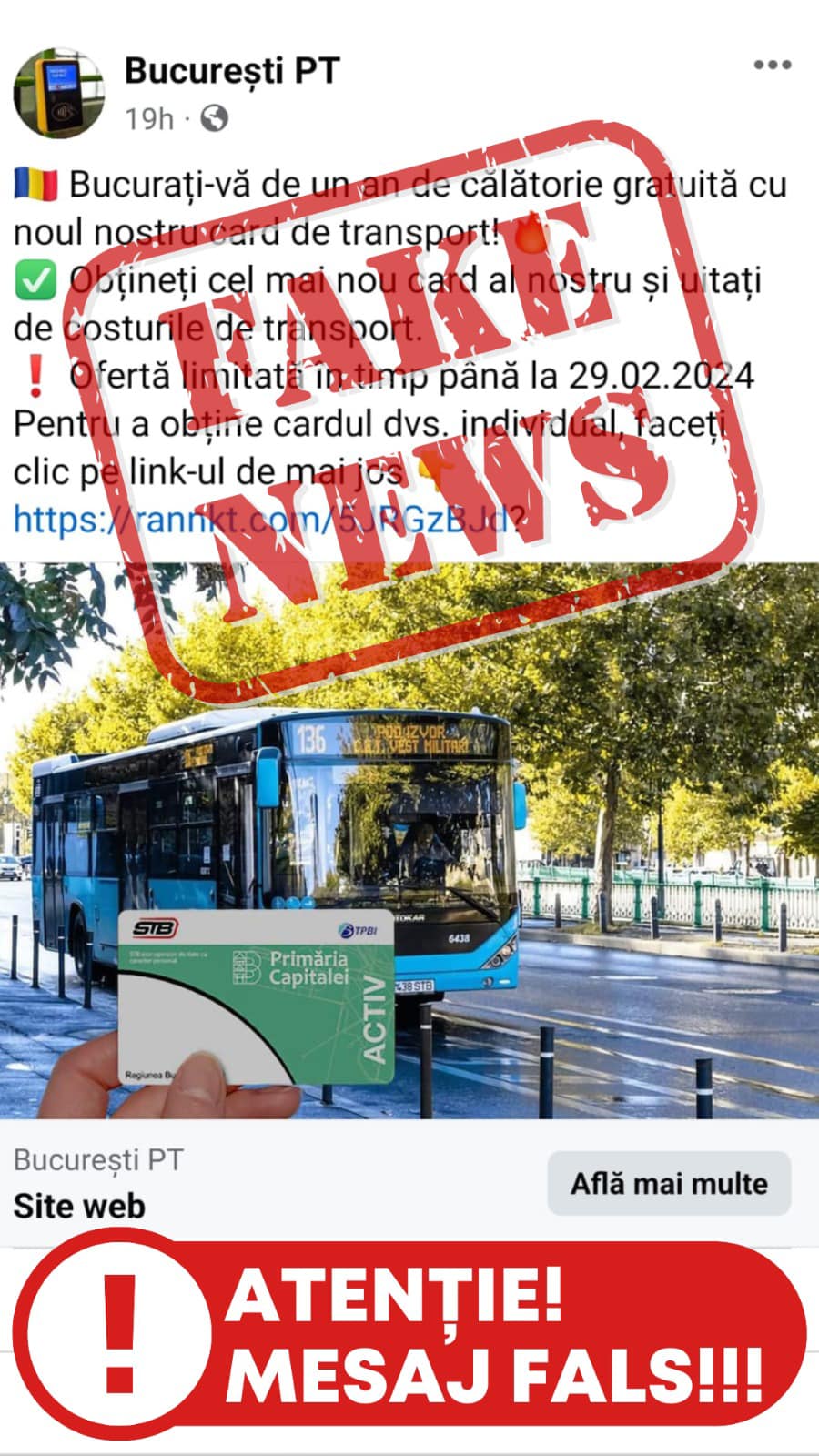 Atenție la înșelătorii online: compania de transport public din București avertizează cetățenii Din ce în ce mai des, cetățenii sunt expuși riscului de a cădea victime campaniilor de înșelăciune propagate prin intermediul mediului online