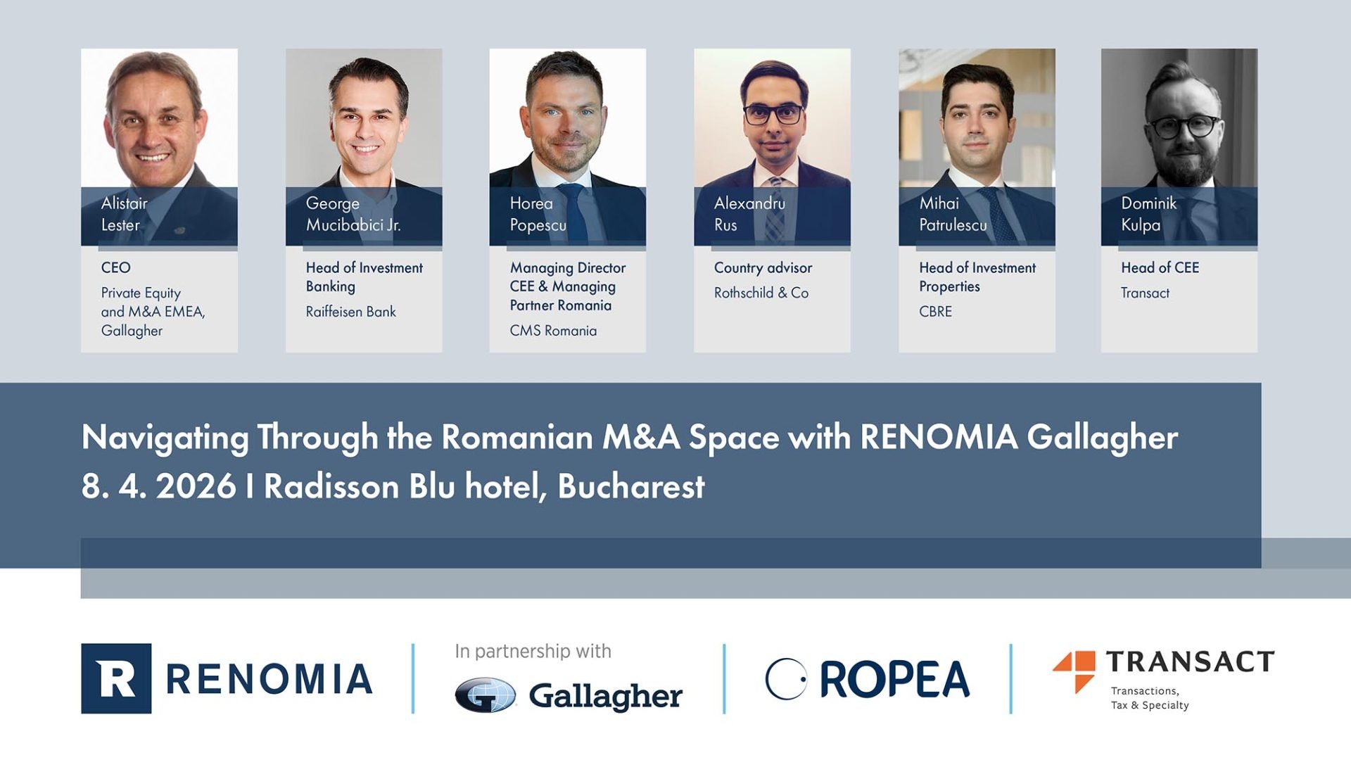 Renomia Gallagher, în parteneriat cu BusinessMark, organizează pe 8 aprilie 2026 evenimentul „Navigating Through the Romanian M&A Space with Renomia Gallagher”, un forum destinat analizării tendințelor și provocărilor din piața de fuziuni și achiziții din România