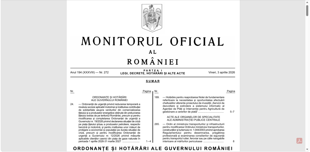 OUG 24/2026 în Monitorul Oficial reduce acciza la motorină din 7 aprilie și introduce contribuția de solidaritate pentru companiile petroliere