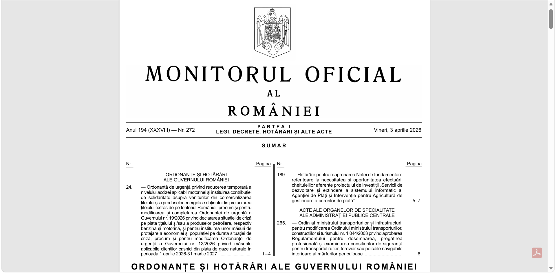 OUG 24/2026 în Monitorul Oficial reduce acciza la motorină din 7 aprilie și introduce contribuția de solidaritate pentru companiile petroliere