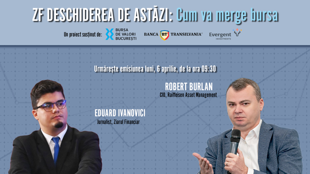 Bursa din România va fi subiectul unei discuții live luni, 6 aprilie 2026, la începutul sesiunii de tranzacționare, cu Robert Burlan, director de investiții la Raiffeisen Asset Management