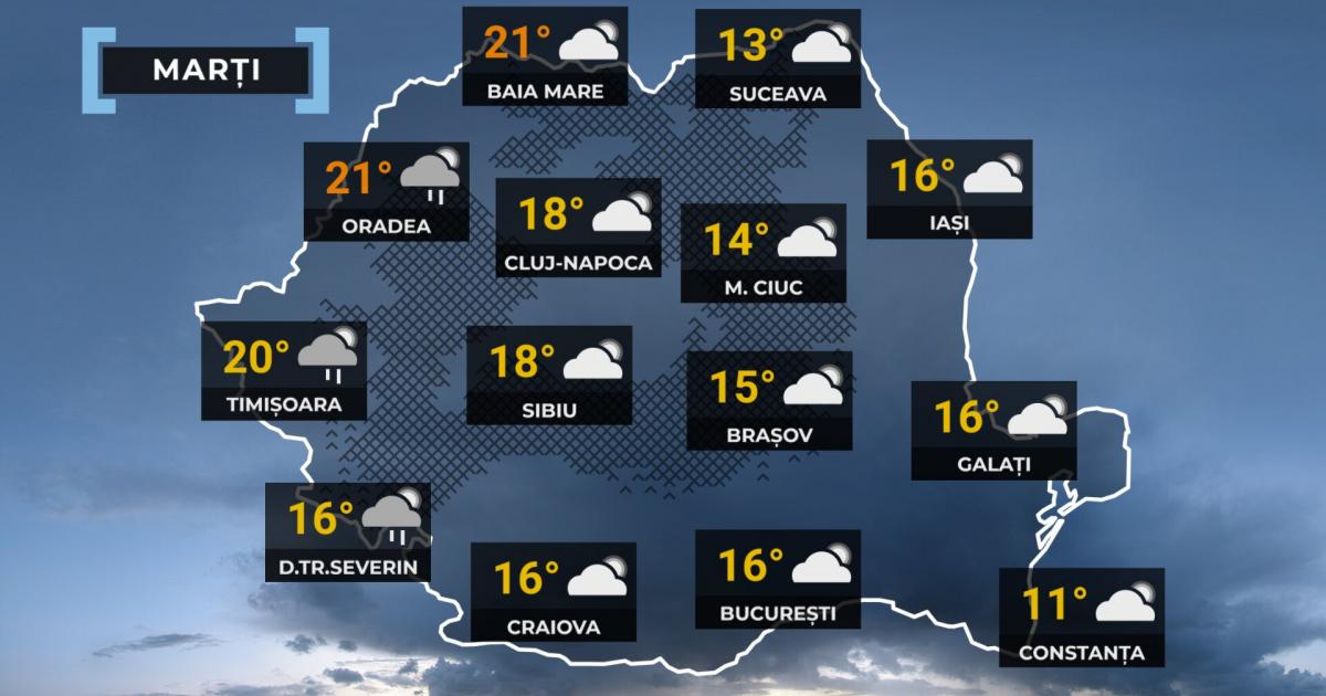 Vreme capricioasă pe 14 aprilie: Ploi și ninsoare la munte, 22 de grade