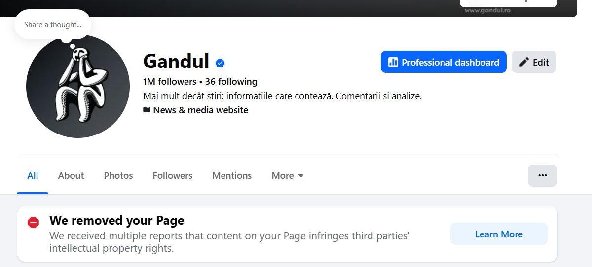 Gândul, victima Facebook: Pagina cu 1 milion de urmăritori, închisă!