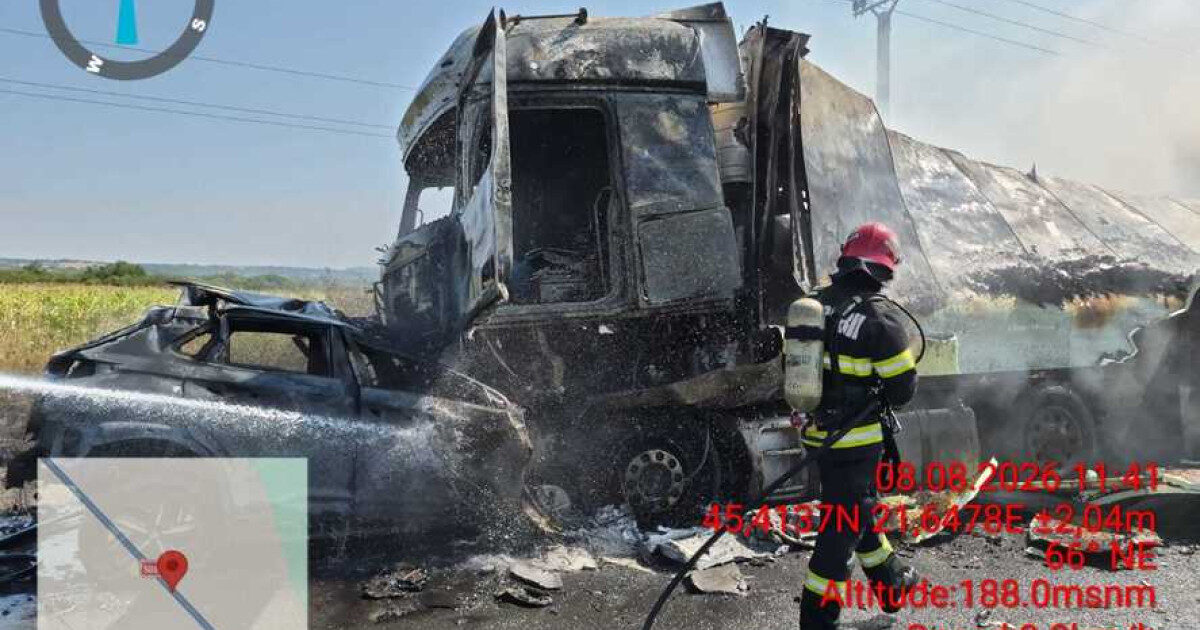 Accident grav între o mașină și un TIR. În urma impactului, autovehiculele au luat foc și unul dintre șoferi a murit