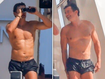 Orlando Bloom, pe iaht, fără tricou, cu Woody Harrelson