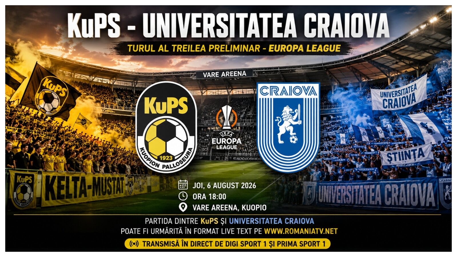 Craiova în Europa: LIVE KuPS-U Craiova 0-0. Surprize în formula olteană