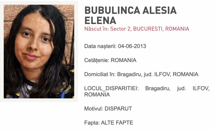 RO-ALERT: Alesia-Elena Bubulincă, dispărută