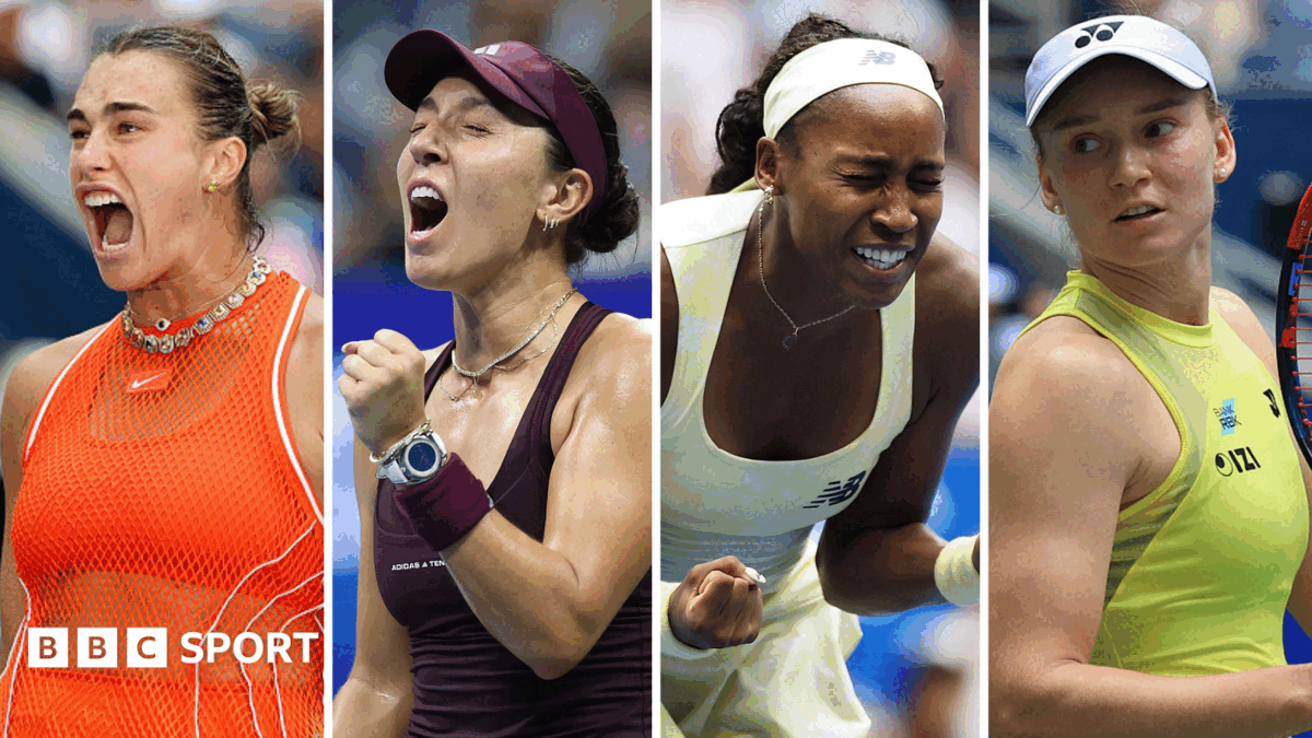 Split image of Aryna Sabalenka, Jessica Pegula, Coco Gauff, Elena Rybakina